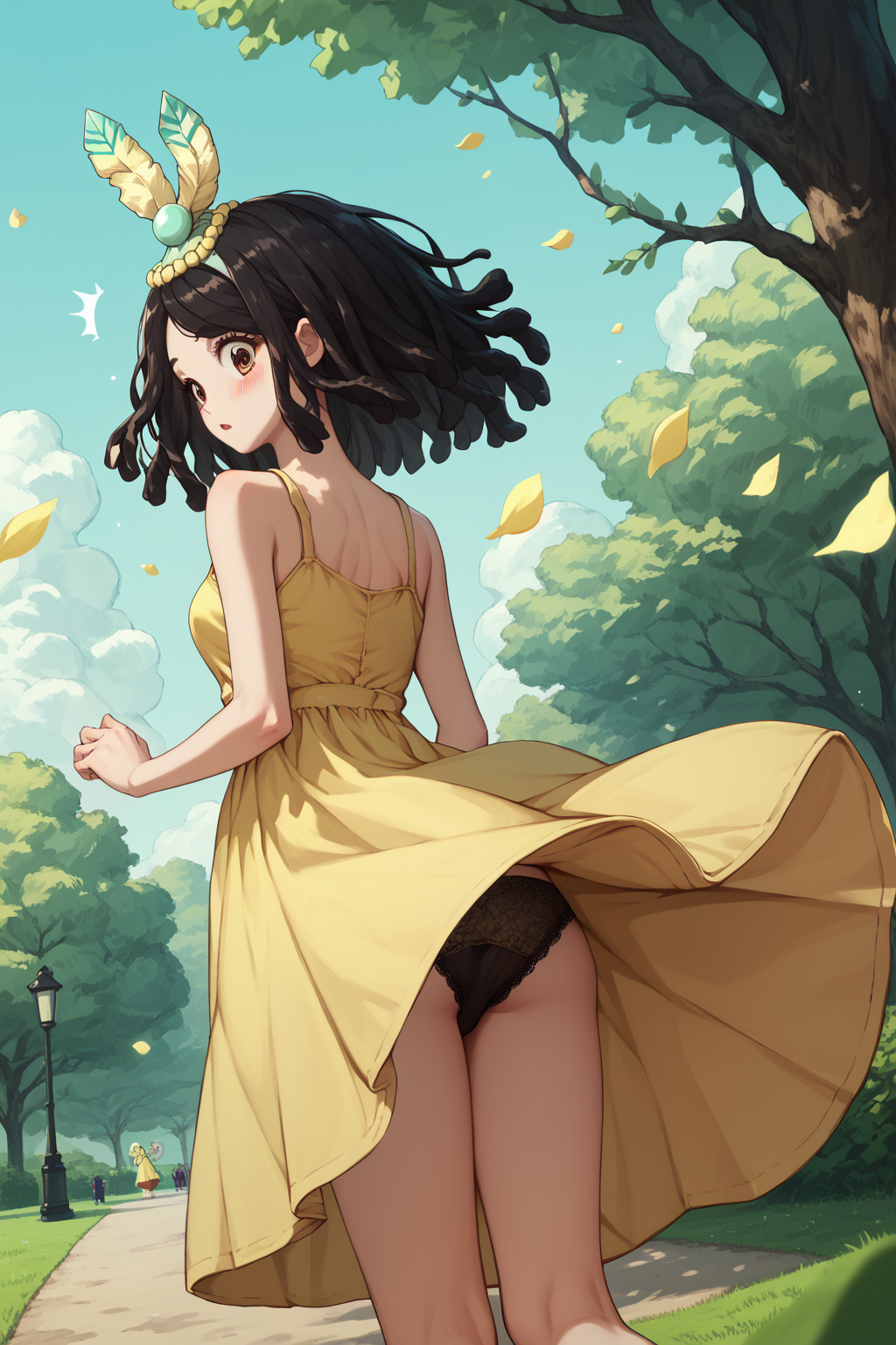 <lora:SlimesAmaryllis:1>, score_9, score_8_up, score_7_up, slimes_amaryllis, black hair, brown eyes, yellow flowing sundress, tall, from behind, black lacy panties, upskirt, looking back, surprised expression, blushing, wind, park background