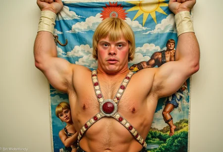 Down syndrome, an old photo of a jacked up on anabolic steroids muscular He-Man with Down syndrome hanging up artwork. No watermark, no signature, no logo, no deformed hands.