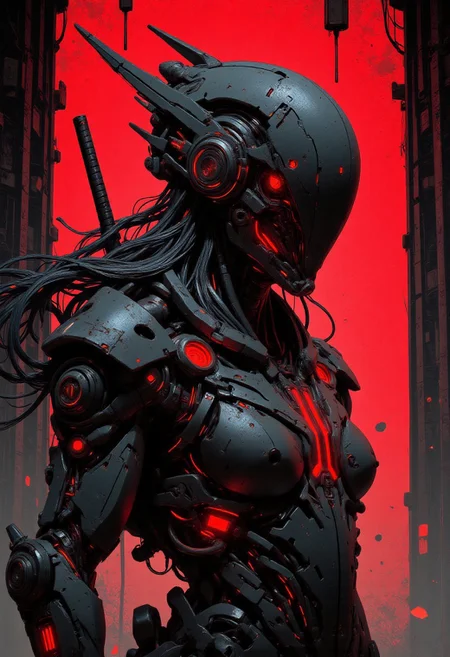 nistyle , in the style of ckfa, Silhouette Art, magnificent, closeup portrait of asian female cyberpunk samurai, helmet with mirrored visor, hyperdetailed helmet, flowing black hair, reflective black and neon red armor, a katana strapped to her back, abstract background suggesting eastern temple