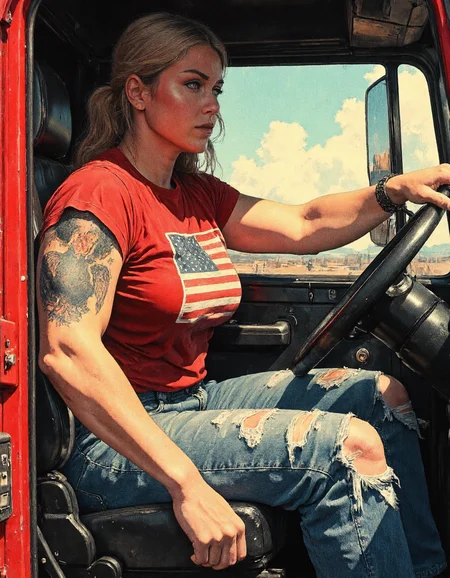 Peterbilt 379 Trucks, strong karolineleavitt woman with big fist is driving a truck, the woman has a red MAGA shirt, and an eagle tattoo on his shoulder, power and strengths, a rebellious woman. On hand in on the steering wheel, the other hand hold a gun a magnum 44.  Captured from a three-quarter angle, emphasizing both their expression and background behind. The clothes are worn and the pre-washed and torn jeans have oil stains.  <lora:CPA:0.7> <lora:RetroAnimeFluxV1:0.7> <lora:Mezzotint_Artstyle_for_Flux_-_by_Ethanar:0.7> anime <lora:Karoline_Leavitt_FLUX:1>