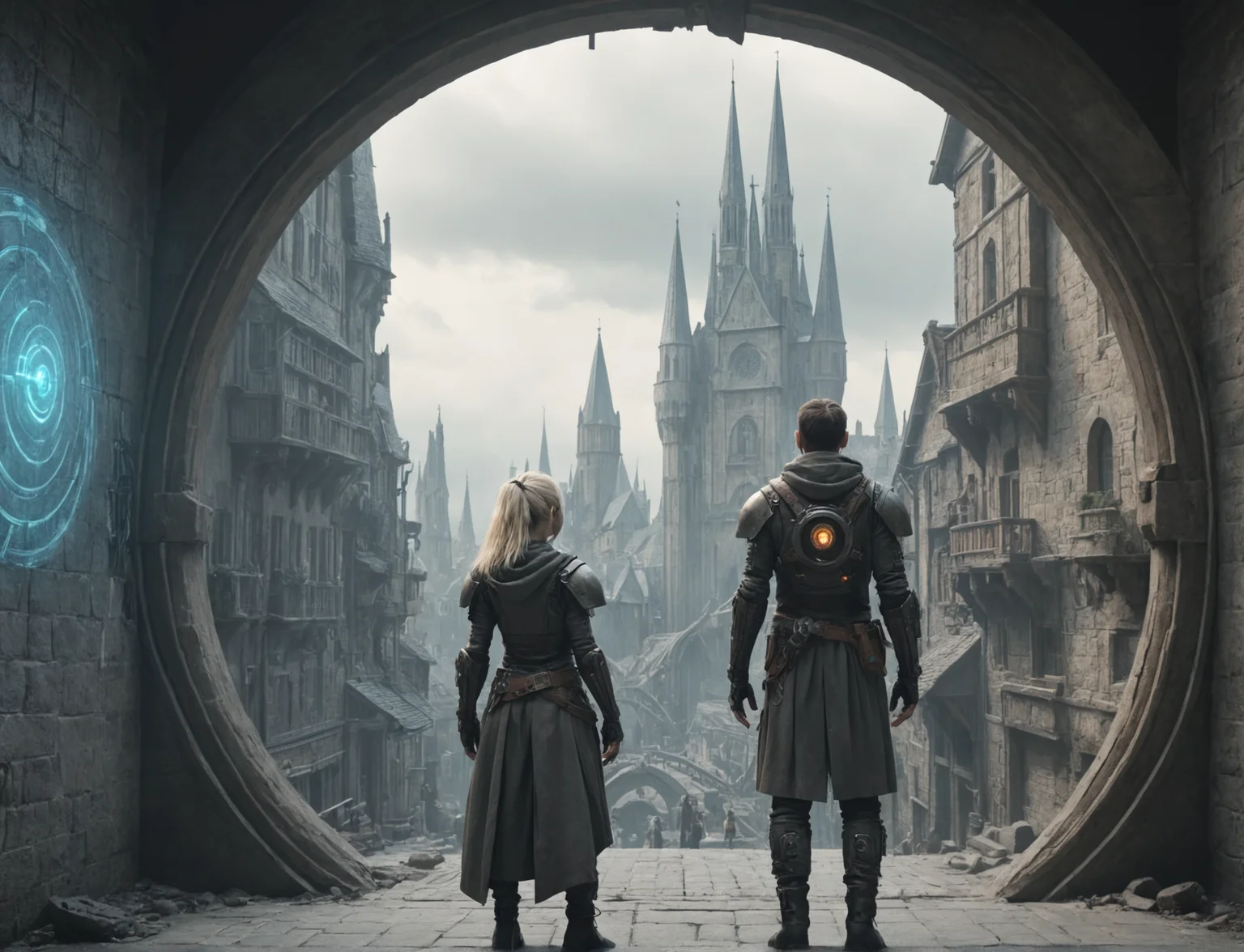 (photo), a cyberpunk world is connected to a medieval world via a portal, absurdres