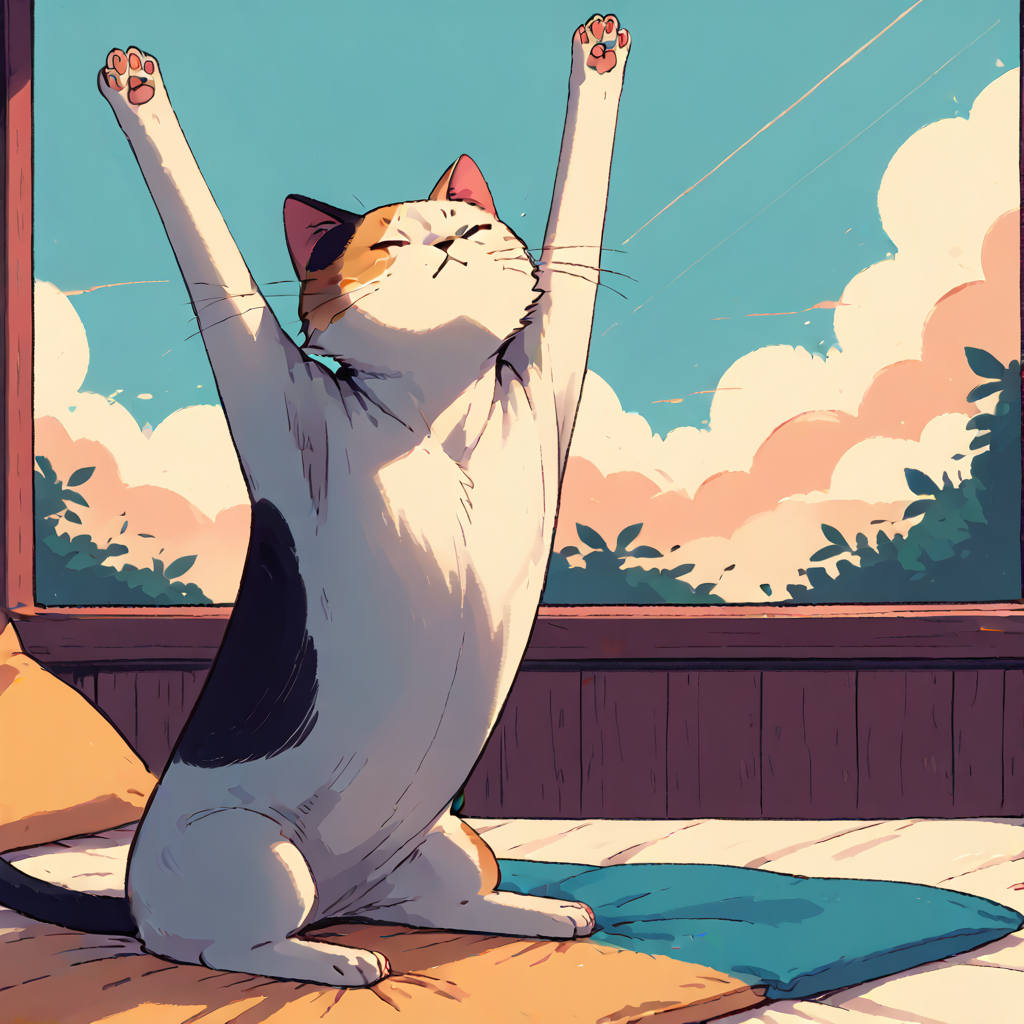 score 9, score 8 up, score 7 up, TarotArtStyleCats, closed eyes, sky, cat, stretching, animal focus, no humans, simple art style <lora:ArtStyleCats:1>