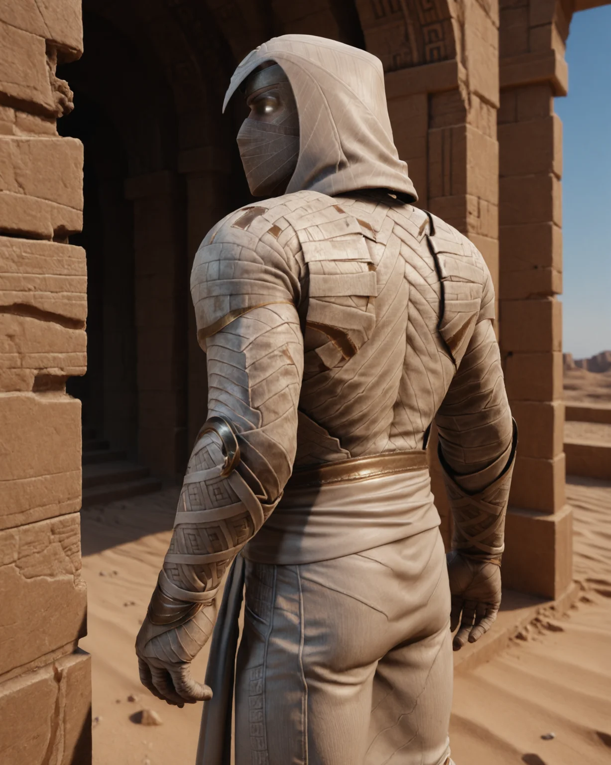 score_9, score_8_up, score_7_up, rating_questionable, intricately detailed, high resolution,
fantasy setting, desert, among ancient ruins, summer, sunshine, detailed background, depth of field,
<lora:Moon_Knight:0.8>, 1boy(moon_knight, 
cowboy shot, looking at viewer, solo),
back view, 
<lora:ral-chrosc-clr:0.5>, ral-chrosc-clr,
<lora:Expressive_H:0.5>
<lora:xl_more_art-full_v1:0.3>,
<lora:add-detail-xl:0.3>