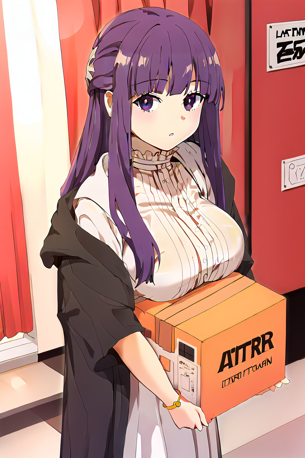 oppairest, holding box, breasts on box,walking <lora:_sdxl-oppairest-pony:1.2>,   <lora:SousouNoFrieren_FernXL:0.8> FernSSnF,purple hair, long hair, purple eyes, bright pupils, blunt bangs,large breasts, FernCasual, white dress, black robe, open clothes, hood, frilled collar, Score_9, Score_8_up, Score_7_up, Score_6_up, Score_5_up, Score_4_up, BREAK,1girl in full growth, best quality, masterpiece, ultra-detailed, high quality,good quality,1 girl,(master piece,high resolution, ultra detailed,8K,16K),look at viewer