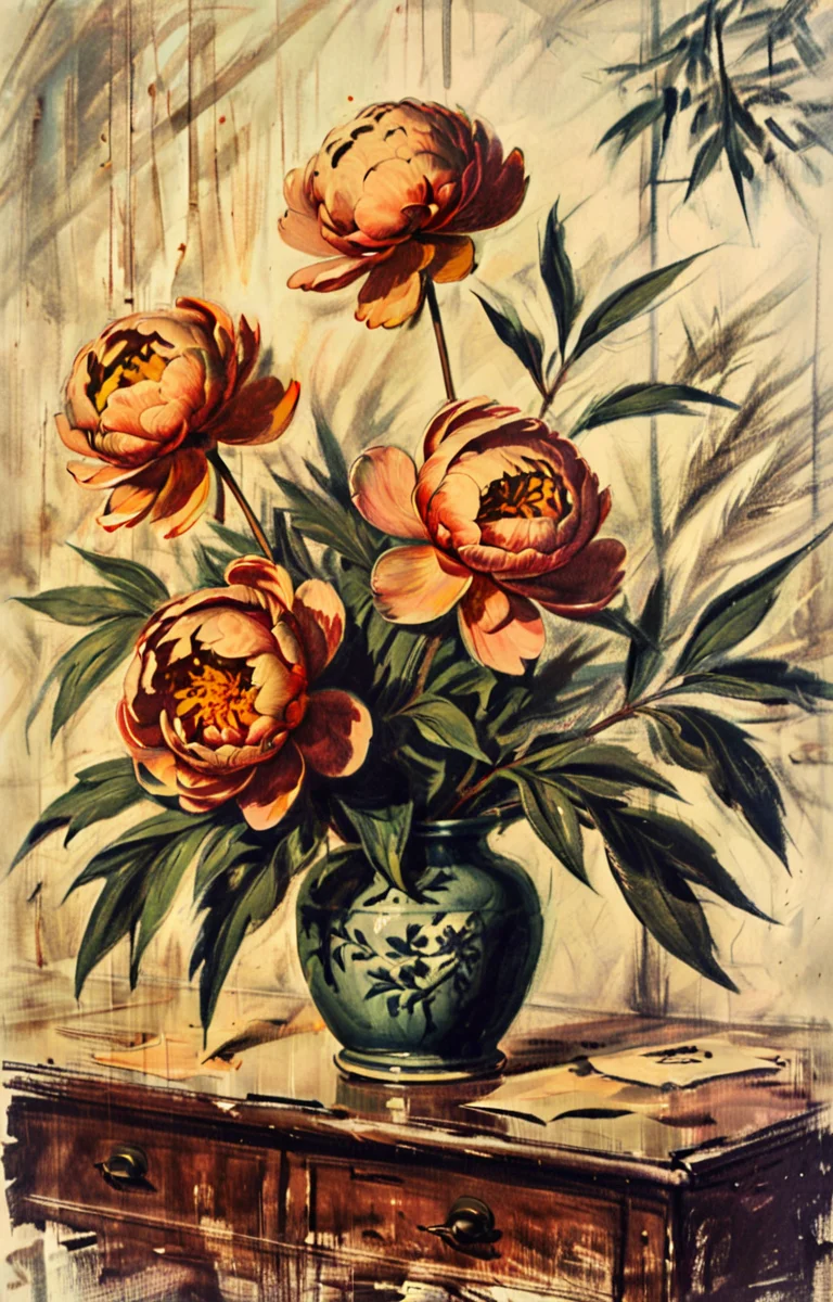 masterpiece,best quality,<lora:tbh4-sdxl:0.9>,illustration, decaying peonies