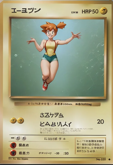 (elec), detailed, pkmn, score_9, score_8_up, score_7_up, photo, absurdres, textbox, pkmkard, 1Futanari, Misty from pokemon,oiled skin, smile, floating, arms spread out, elec