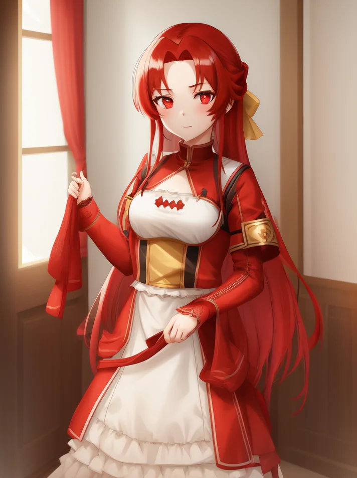 1girl, tiese, red eyes, red hair, solo, portrait, looking at viewer, best quality, high quality, highly detailed, highres, masterpiece, <lora:tiese:0.75>