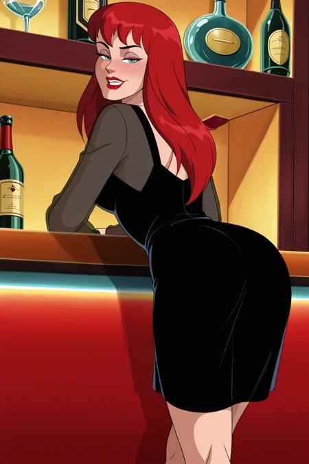 (((retro artstyle, parody)), perfect anatomy, perfect eyes, from behind) BREAK <lora:MJ90sIL:1> mary jane watson, long hair, red hair, makeup, lipstick, blue eyes, red lips, sultry eyes, naughty face, half- closed eyes, drunk, ((looking back at viewer)), dress, black dress, see-through, long sleeves, arched back, teasing viewer, standing, relaxing at luxurious bar, legs crossed, flirting with viewer, indoors
