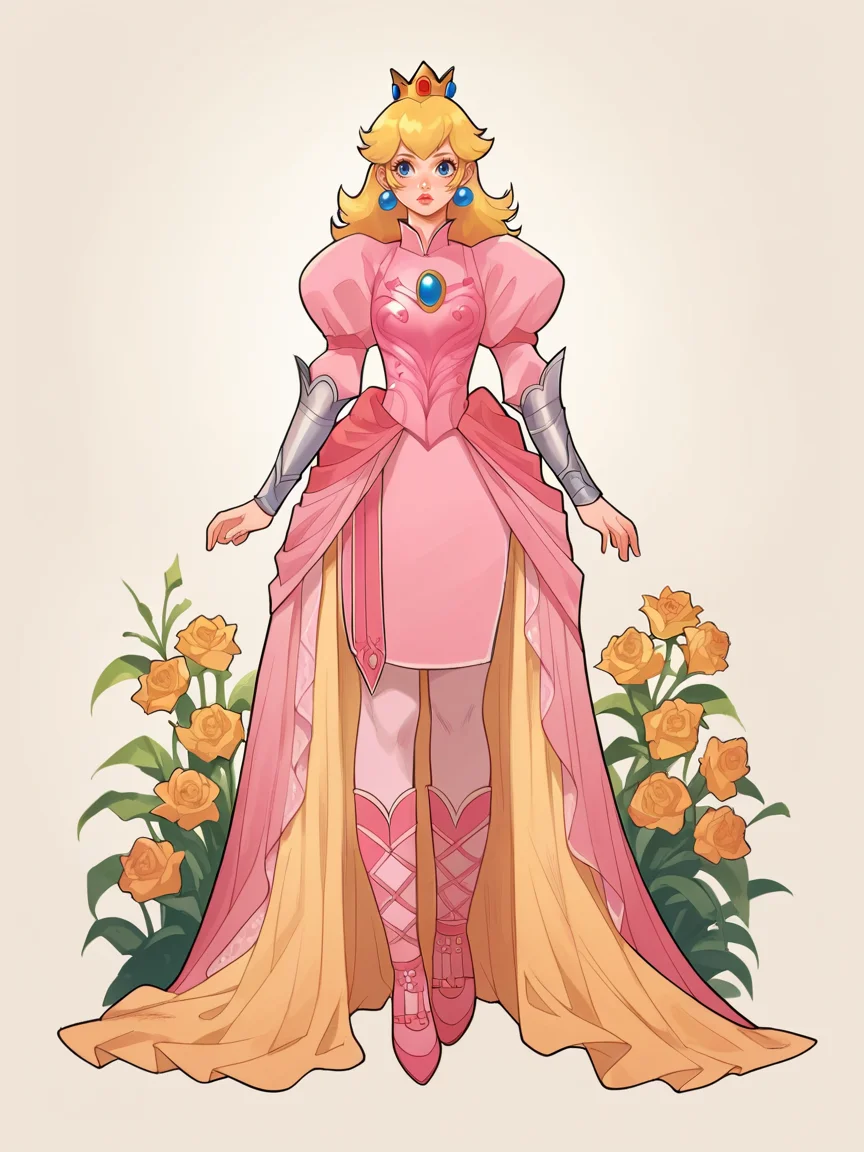 source_anime, score_9, score_8_up, score_7_up, score_6_up, score_5_up, <lora:h4nn4hXLP:1> h4nn4h, 1girl, solo, long hair, princess peach, full body, blonde hair, armor,