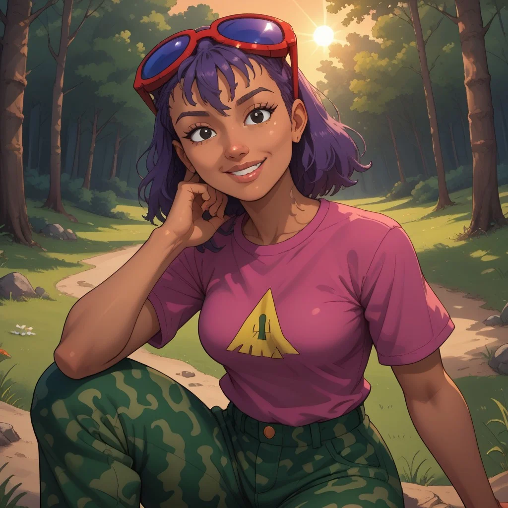 score_9, score_8, BREAK, solo, Reggie_Rocket_(Rocket_Power), 1girl, purple hair, red sunglasses, sunglasses on head, black eyes, lips, magenta shirt, rocket print, green camo pants, red sneakers, dark skin, dark skin female, self portrait, smile, looking at viewer, outdoors, sunlight, shadows, evening lighting, natural lighting, forest, trees, grass, orange sky, sunset