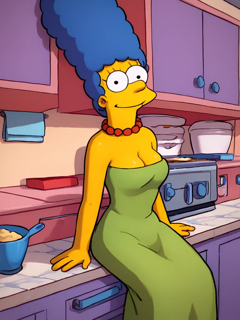 <lora:MargePony1.0:1.0> marges, blue hair, 1girl, solo, yellow skin, pearl necklace,green dress, smile, score_9, score_8_up, score_7_up, score_6_up, score_5_up, score_4_up, looking at viewer,kitchen,breasts, portrait, zPDXL flat color,dot pupils,sitting,