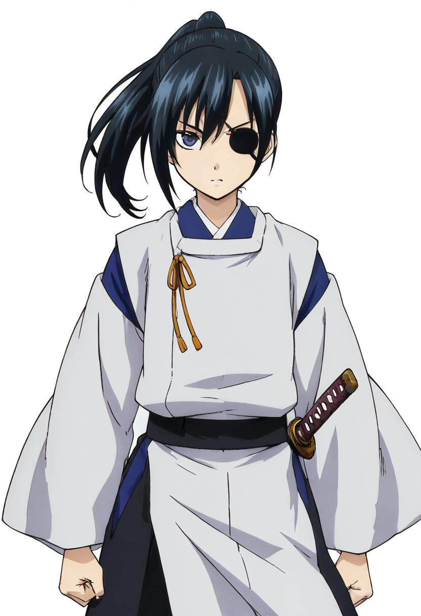 masterpiece, best quality, absurdres, detailed skin, detailed eyes, detailed face, anime colored, anime screencap, anime colored,
<lora:yagyu_kyuubei:0.8>, 1 girl, kyubei, looking at viewer, serious, cowboy shot, 
<lora:kariginu:1>, ((kariginu)), hakama skirt, katana, cowboy shot, 
(((white background))),