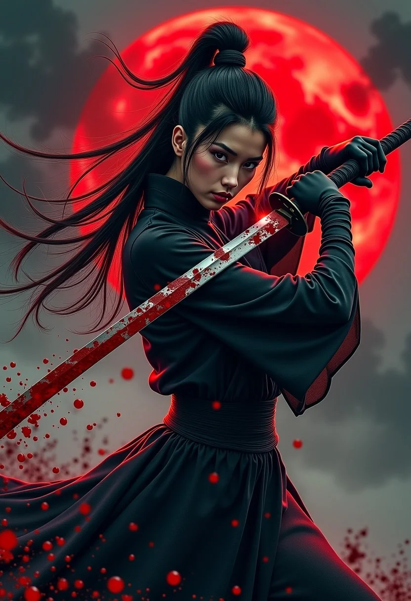 splash art, portrait of oriental swordswoman, clad in black, holding a katana by the hilt with fresh blood on the blade, swinging the katana in an arc, blood splatters exploding from the blade, motion blur on the blade as it swings, red moon, dark clouds, atmospheric, direct gaze, blood splatter, moody, atmospheric, masterpiece