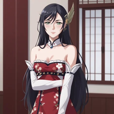 <lora:brunhilderecordofragnarok_pony_v1:.8> Brunhilde, hair ornament, 1girl, solo, black hair,  green eyes, cowboy shot,  <lora:1007 Chinese wedding dress_v1_pony:1> ruanyi1007,bare shoulders,detached sleeves,red dress,floral print,strapless dress,