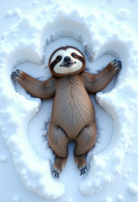 ck-sl0thmas,, a high quality digital image of an adorable little sloth outside in the fresh snow, the sloth is lying face up on the ground making a snow angel by waving his arms and legs around, the image is taken from directly above the sloth, the shape of an angel has been carved into the snow underneath the sloth