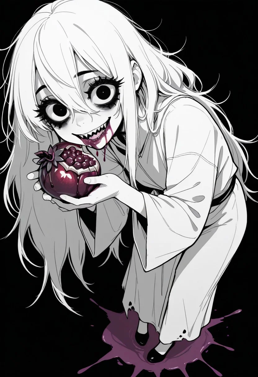 tfaix
black eyes, bags under eyes,
big eyes, (black eyeshadow:0.8), thick eyelashes,
from side, monochrome, greyscale, simple background, black background,
looking at viewer, looking down, (wild, crazy smile:1.2), solo, 1girl, full body, white robe, torn clothing, holding a purple half-eaten pomegranate , (purple pomegranate with a bite missing:1.2, half-eaten purple pomegranate:1.5), perspective, (sharp teeth:1.2), purple liquid on mouth, purple liquid on face, half-closed eyes, + +, black eyeliner, white hair,
masterpiece, best quality, amazing quality,
dark messy sketch, messy lineart, unfinished,
(horror \(theme\),:1.2)