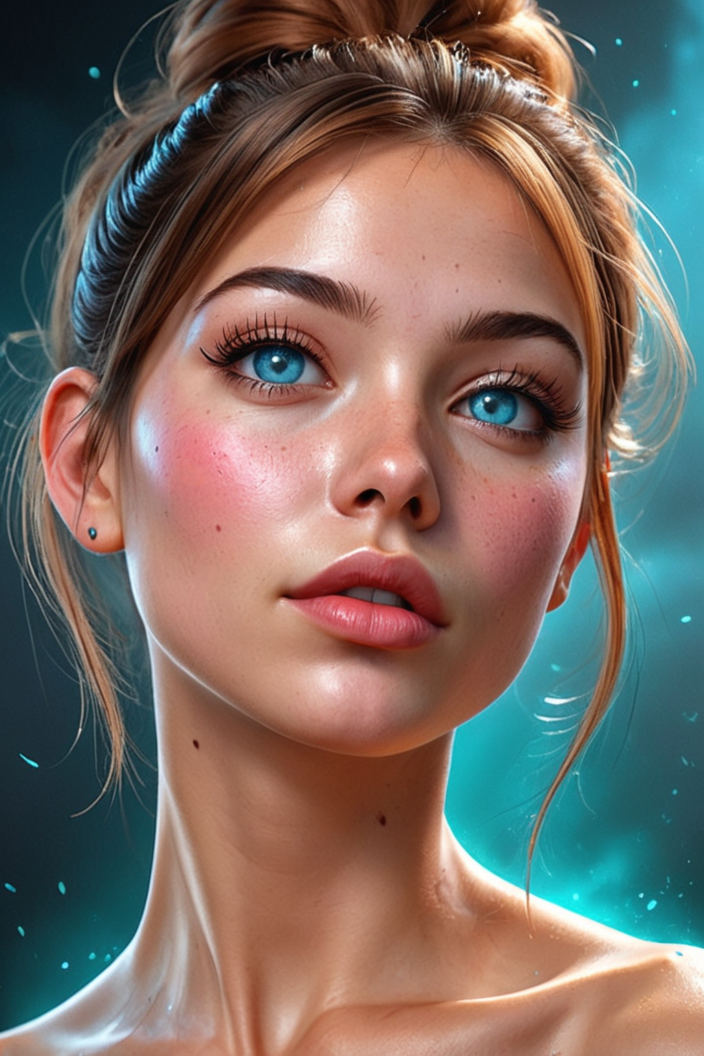 (cel-shading:2)+, Hyperrealism,
Close-up Portrait of a beautiful gorgeous, stunning unique female character, cute, tan, bangs, freckles,striking bright large turquoise eyes filled with joy and excitement, extravagant eyelashes, aligned eyes, (extra long lashes:2), pink hearts tattoo, making this image a masterpiece of photography and digital art. Style: realistic hyper-detailed rendering, 32k UHD, expressive eyes, punk, graphic design, , girl's face, side view, pretty and cute, gleaming lips, white skin, telling a tale of adventure. Exuding confidence and serenity., dark cloud background,
trendy portrait, tender Aesthetic nose, Aesthetic chin, ears, puffy lips, sensual lips, pouty lips, detailed texture, detailed eyes, detailed skin, clean skin,
<lora:Someplastic_b:0.7>, (ultra sharp focus:1.8), (detailed skin:1.8), (thin lines:1.8), (best quality:1.8),
<lora:Apparatus_-_Traction_City_Walkers_Vehicles:0.7>,
<lora:glowneon_xl_v1:0.7>,