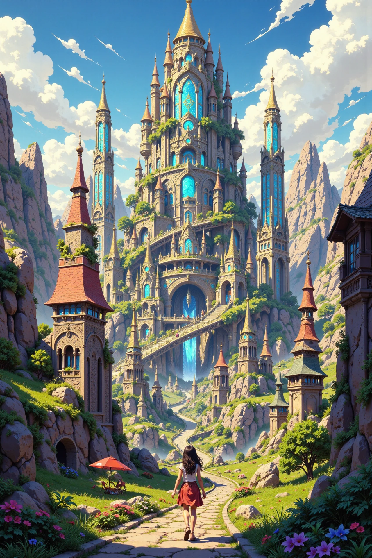 a cyperpunk world with majestic buildings beautiful anime landscape, bright sunny sky, woman, very intricate, very detailed, sharp, bright, colorful, <lora:Hand v2:0.5> <lora:Anti-Blur:1><lora:Insane Detail Slider:0.25>  <lora:flux.1_lora_flyway_Epic-detail_v2:0.3> <lora:fluxenhancer:0.25> <lora:ROWER:0.6> <lora:flux-charmer-v1-1:0.4> <lora:Colorful_Fantasy_Art_for_FLUX:1> fantasy art
