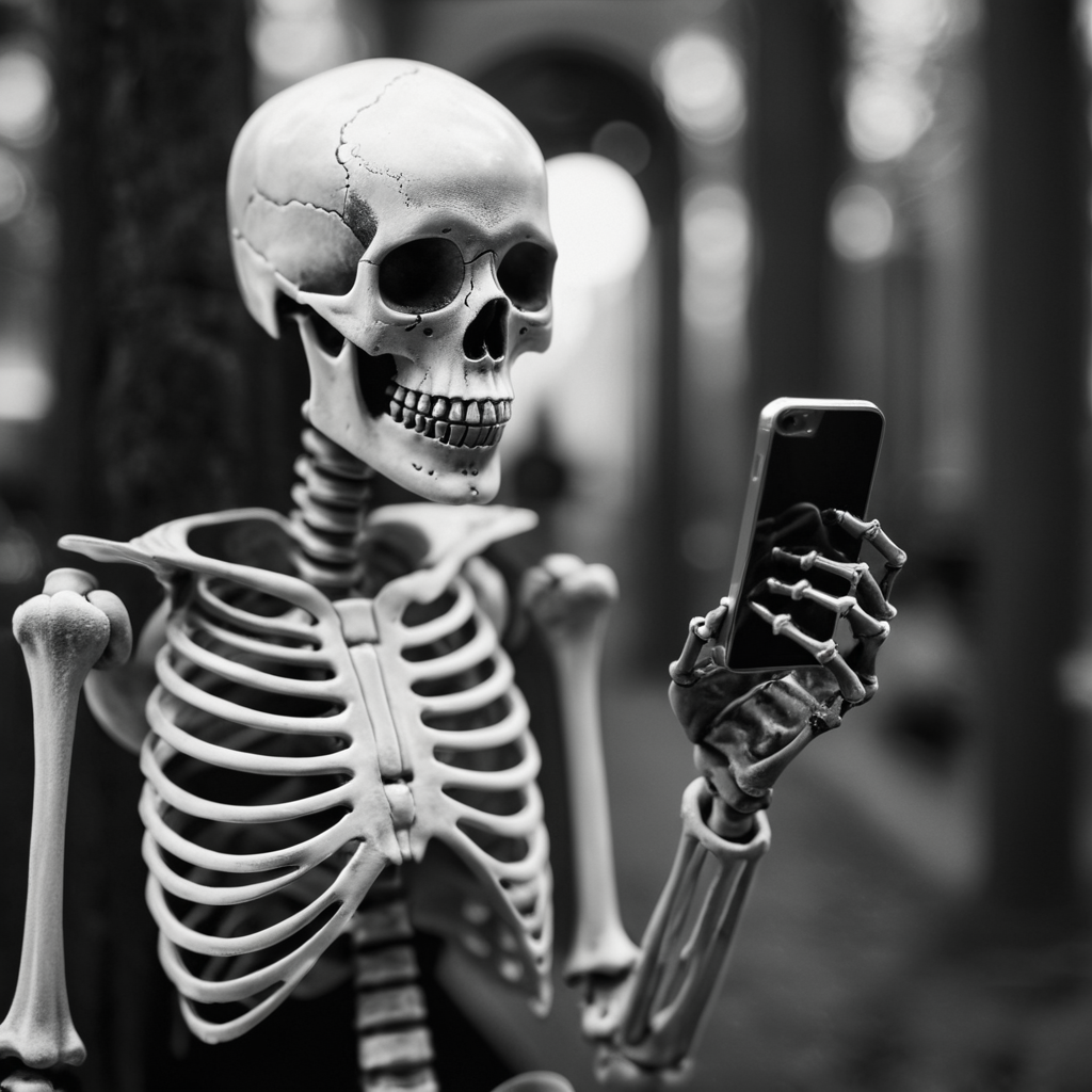 cinematic film still of  <lora:add-detail-xl:1>
 <lora:detailed:0.3>
<lora:perfection style:0.3>
 <lora:xl_more_art-full_v1:0.3>
 <lora:kafkaesque style:1>
In a surrealistic world a skeleton holding a cell phone in its hand,solo,holding,monochrome,greyscale,no humans,phone,cellphone,smartphone,holding phone,selfie,ribs,skeleton , kafkaesque style, shallow depth of field, vignette, highly detailed, high budget, bokeh, cinemascope, moody, epic, gorgeous, film grain, grainy