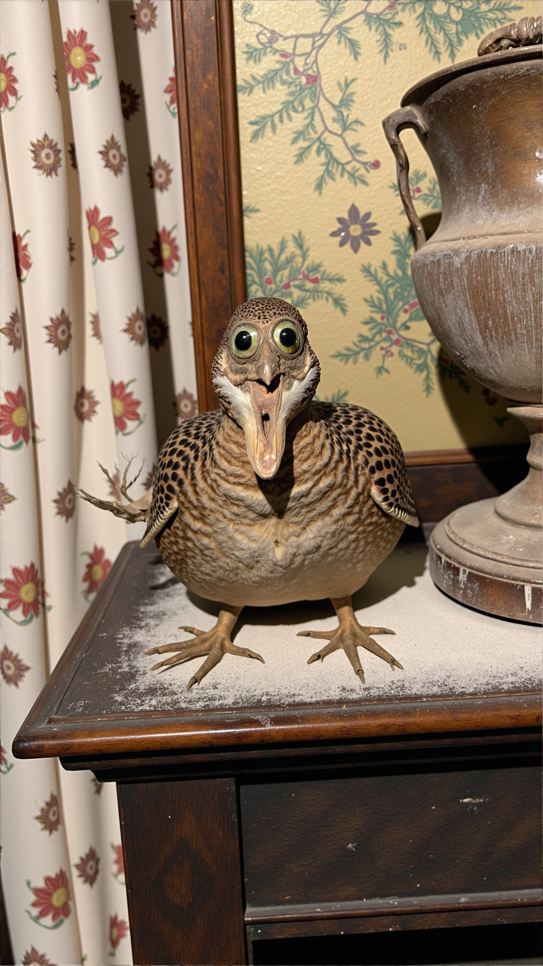 A photo of a bad taxidermi quail perched atop a dusty, cobweb-covered, antique wooden mantle, surrounded by faded, floral-patterned curtains and a forgotten, tarnished trophy cup. The quail's glassy eyes are slightly crossed, its beak is misaligned, and its once vibrant plumage is now dull and matted, with a few stray feathers sticking out at odd angles. The quail's body is slightly askew, as if it's about to topple off the mantle, while its legs appear to be stuck in place with an unnatural stiffness.<lora:BadTaxidermiFlux:1>