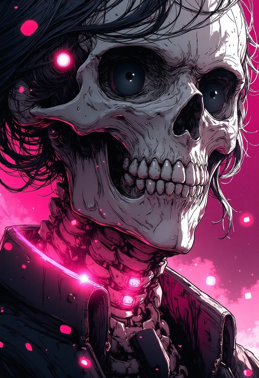 Nistyle, monochrome manga sketch, extreme face close-up of a gentleman skeleton with an elegant smile and striking features. The skeleton wears a high collar and a suit with sci-fi elements. The eyes are shaded, exuding a deadly elegance, with bushy eyebrows accentuating the intense gaze. The sketch is hyper-detailed in manga style, featuring vibrant neon color highlights in bleached tones, combined with gray and white color grading for a dramatic effect.