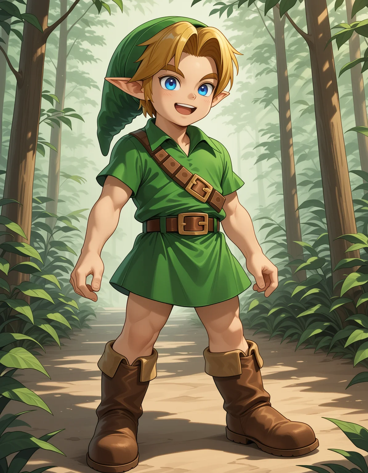 masterpiece,best quality,amazing quality
BREAK
ylink,,young link,solo, smile,open mouth, short hair, blue eyes, blonde hair, 1boy, hat, male focus, short sleeves, boots, pointy ears, belt, buckle, green headwear, brown belt, green tunic
BREAK
<lora:younglink_ill_896_1152_v1:1>