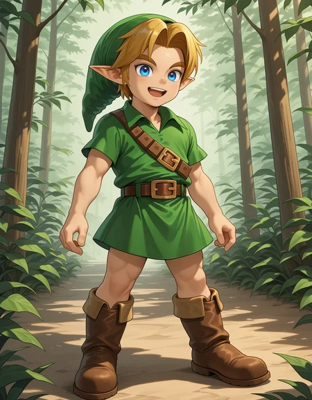 masterpiece,best quality,amazing quality
BREAK
ylink,,young link,solo, smile,open mouth, short hair, blue eyes, blonde hair,  1boy, hat, male focus, short sleeves, boots, pointy ears, belt, buckle,  green headwear, brown belt, green tunic
BREAK
<lora:younglink_ill_896_1152_v1:1>