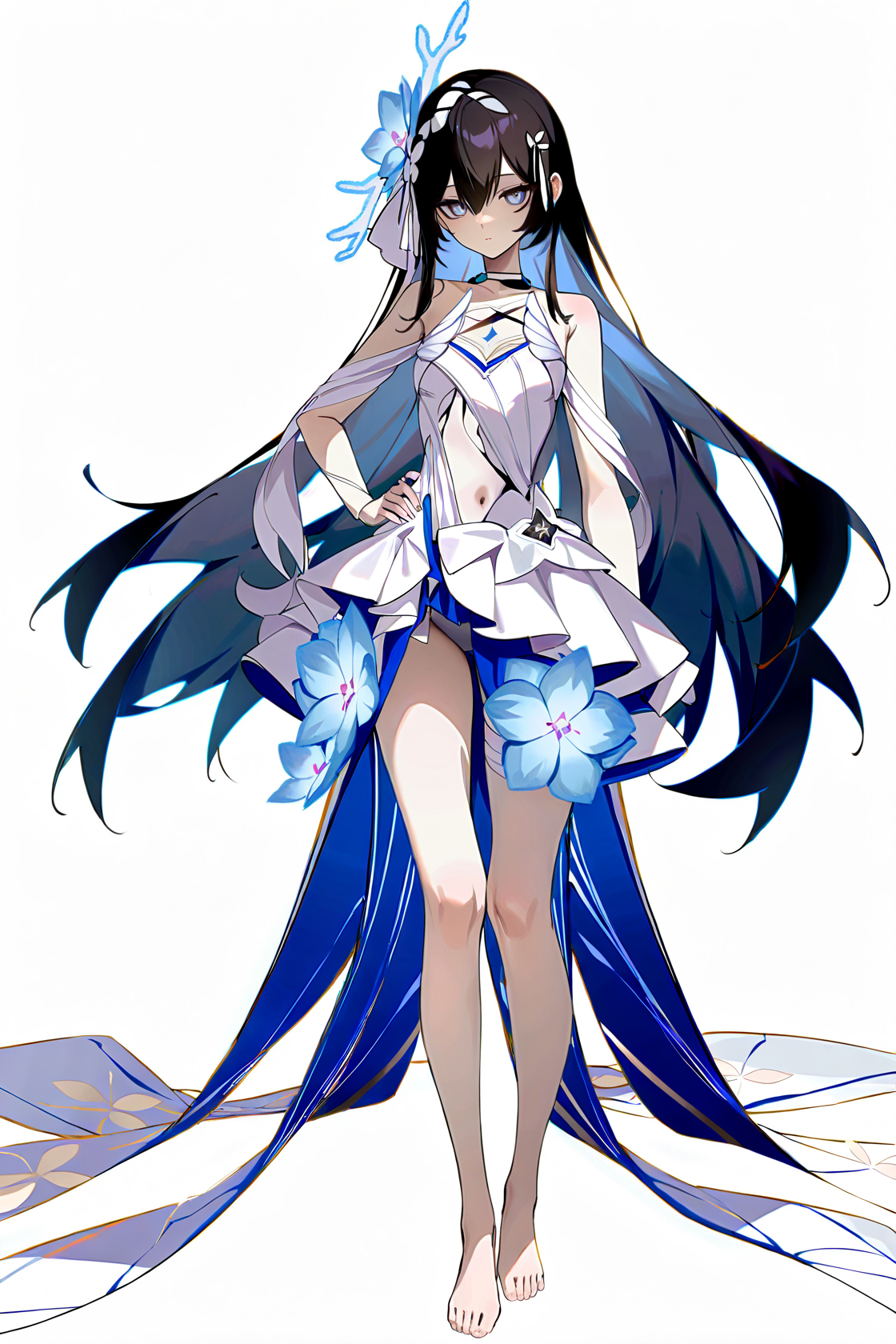 8k, best quality, masterpiece, (ultra-detailed), (high detailed skin), 
(wanke), (pigeon666), ((rei_(sanbonzakura)),konya_karasue,year 2023,
full body, full shot, standing, looking at viewer, (solo:1.2), simple background, white background, hand on own hip, 
<lora:xierssyy-noob-Tanger-000010:0.8>, xier, shengsi, first clothes, white dress, hair ornament, hair flower, 1girl, long hair, barefoot, very long hair, black hair, multicolored hair, breasts, 
A full-body portrait of a young girl, standing gracefully, pastel art style, high-key lighting, shoujo manga influence, hd quality, delicate details,