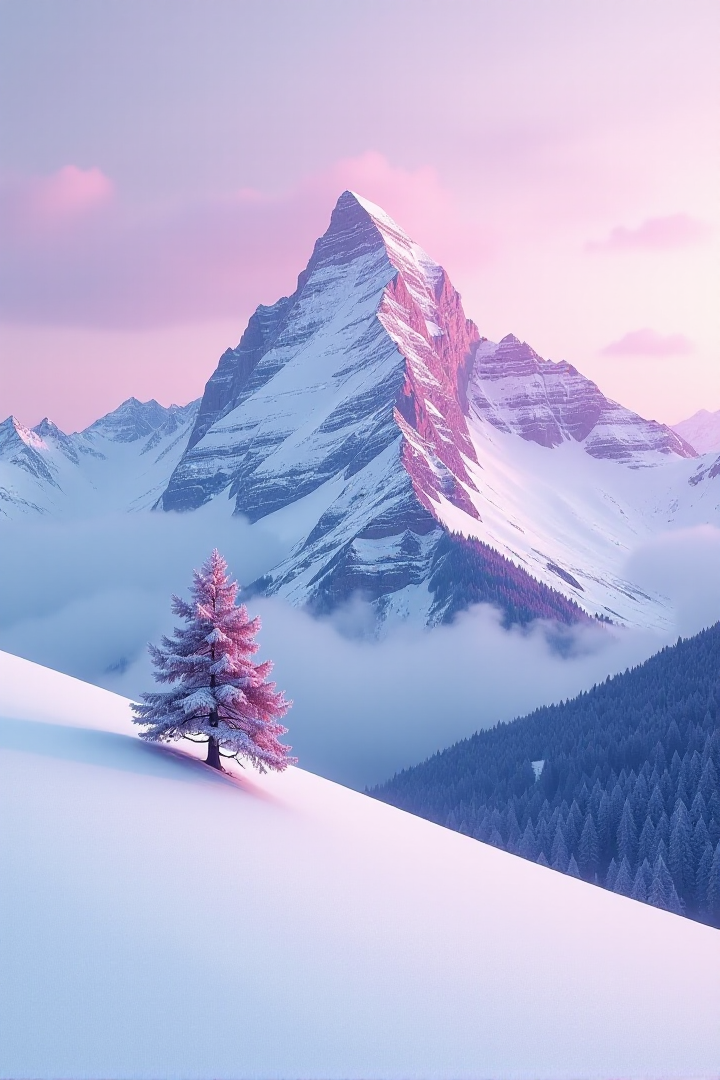 a snow covered mountain with a lone tree in the foreground, keisuke goto, gradient light purple, leading to a beautiful, sparse, carpathian mountains, awarded winning photo, beautiful avatar pictures, pink hues, gentle shadowing, in a desolate, images, <lora:Landscapes_II:0.8>âââ