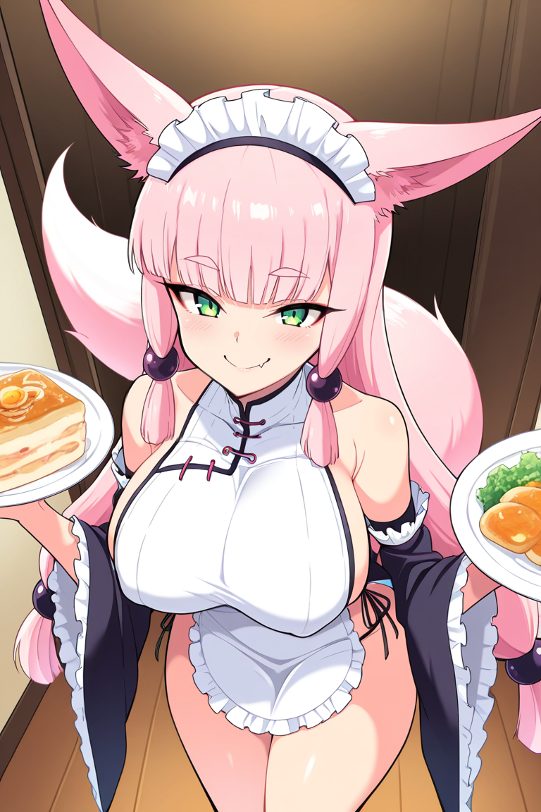 masterpiece , source_anime, breasts, animal ears, 1girl, solo, , long hair, tail, , blunt bangs, , green eyes, , bangs, detached sleeves, , fox ears,, , fox tail, , large breasts, pink hair, , , wide sleeves, fang, very long hair, smile, maid dress, maid head dress, sleeveless, holding plates