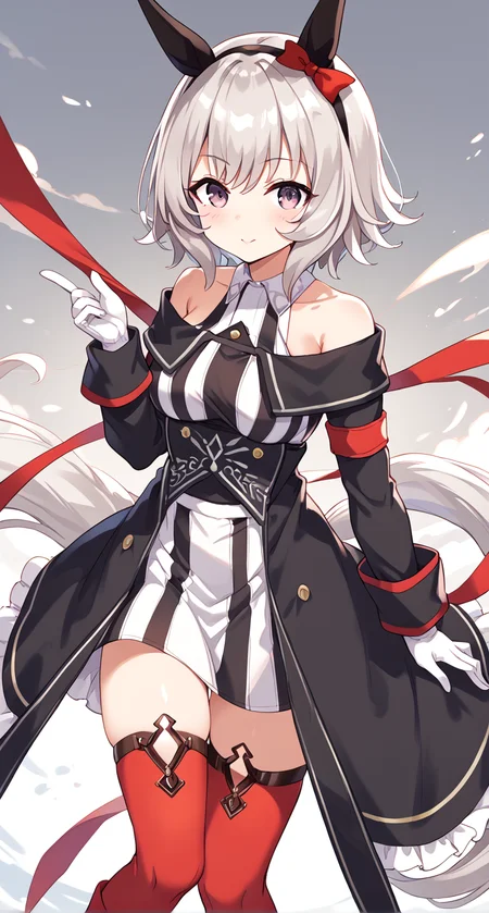 score_9,score_8_up,score_7_up,
official art,official style,game cg,megami magazine,
uncensored,
1girl,
crc race, curren chan (umamusume),
animal ears, bare shoulders, black coat, coat, gloves,
highres, horse ears, horse girl, horse tail, long sleeves,
off-shoulder coat, off shoulder, red legwear, short hair,
tail, white gloves, blush, ear covers, grey hair, hair between eyes,
red thighhighs, striped, thighhighs, violet eyes, black dress, boots, dress,
thigh-highs, ear ribbon, red ribbon, ribbon, white hair, black hairband,
bow, ear bow, hairband, red bow, off-shoulder dress, purple eyes,
striped clothes, striped dress, white dress, bangs, black jacket,
eyebrows visible through hair, jacket, vertical-striped dress, vertical stripes,
silver hair, collared dress, off-shoulder jacket, sleeveless, sleeveless dress,
standing,
<lora:umamusume_curren_chan_pony_v1:1>,