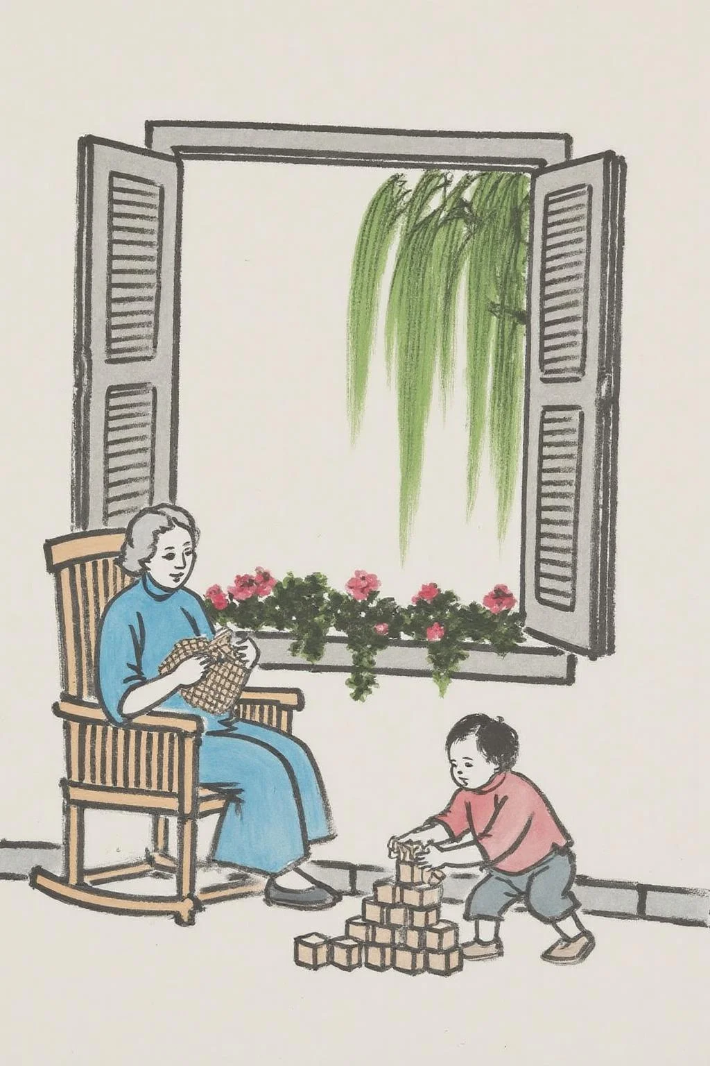 fzk1 minimalist ink painting. A grandmother knitting in a rocking chair by the window, while her grandchild plays quietly on the floor with wooden blocks. Outside, the garden is in full bloom <lora:fzk2_nocap_d6a3:1.0><lora:815028967355468300:0>