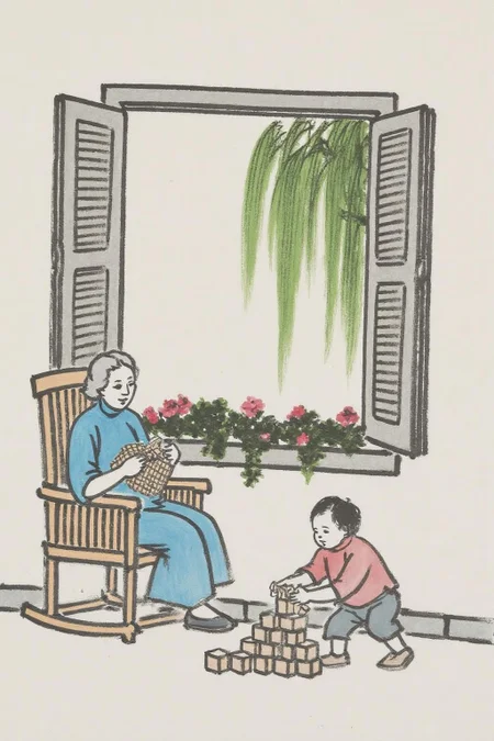 fzk1 minimalist ink painting. A grandmother knitting in a rocking chair by the window, while her grandchild plays quietly on the floor with wooden blocks. Outside, the garden is in full bloom <lora:fzk2_nocap_d6a3:1.0><lora:815028967355468300:0>