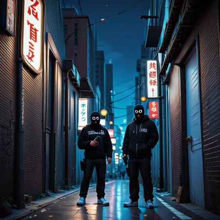 score_9, score_8_up, score_7_up, score_6_up, score_5_up, score_4_up, 1boy, male focus, tattoo, Black tank top, pistol, holding pistol, gun, weapon, handgun, sunglasses, ( dark eerie, alleyway:1.2), <lora:three_holes_knit_ski_mask:1.2> threeholkn1tskimask, ((three holes knit ski mask, mask)), <lora:add-detail-xl:1>