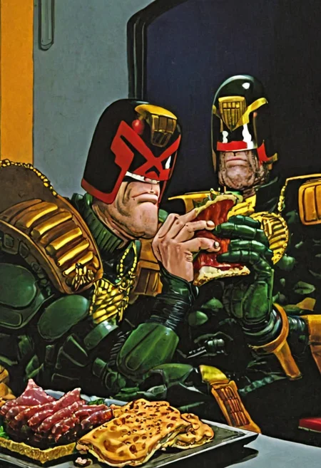 Judge Dredd eating a Synthi-Ham sandwich, close up, best quality, highres, high detail, sharp, fine art, jdgdrddcom, donmartin style, by donmartin, by don martin, hinged foot, martinwalkstyle