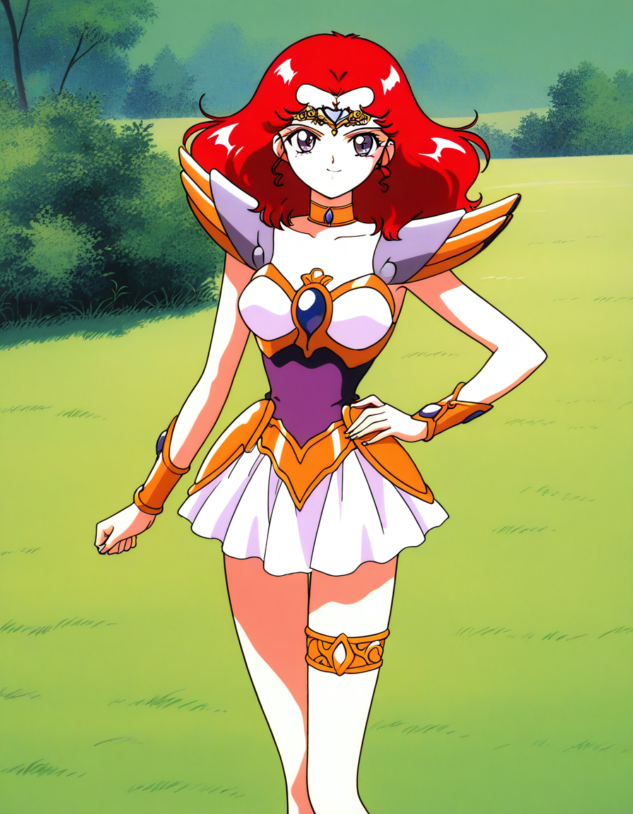 general,highres, ultra-detailed,very aesthetic,best quality ,best hands,  BREAK <lora:Scarlett_ohara_IS:1> Scarlett_ohara, 1girl,solo, red hair, long hair, purple eyes, breasts, 1990s (style), anime coloring, 
 choker, armor, 1990s (style), skirt, hand on hip, smile, tiara, jewelry, magical girl, thighlet, white skirt, miniskirt, thigh strap, armored dress, bracer, shoulder armor, blue eyes, looking at viewer, short hair, pauldrons, cowboy shot,
day, say,  grass,