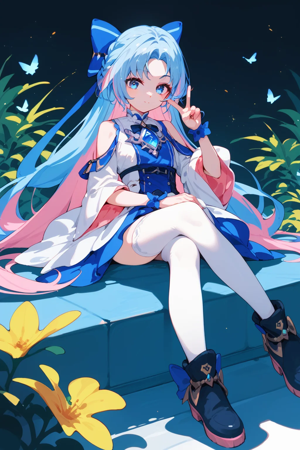 (score_9,score_8_up,score_7_up,),<lora:shume-000020:0.9>,shume,multicolored hair,long hair,pink hair,braid,hair bow,parted bangs,blue eyes,blue hair,white thighhighs,white dress,shoes,sitting,V,