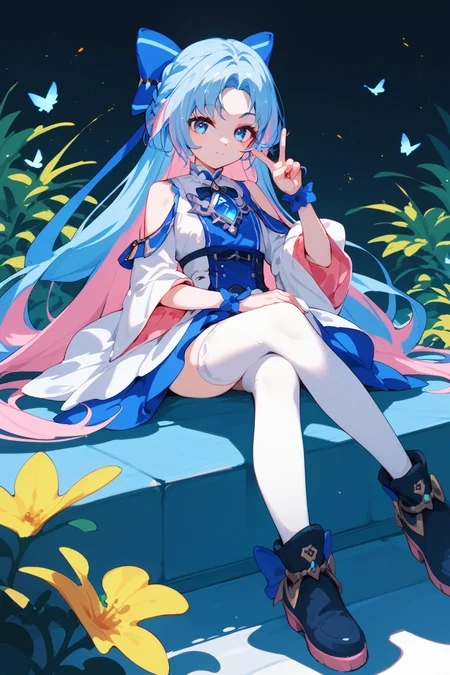 (score_9,score_8_up,score_7_up,),<lora:shume-000020:0.9>,shume,multicolored hair,long hair,pink hair,braid,hair bow,parted bangs,blue eyes,blue hair,white thighhighs,white dress,shoes,sitting,V,