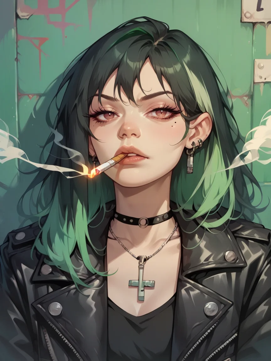 score_9, score_8_up, score_7_up, score_6_up, score_5_up, <lora:cigarette2XLP:1> cigarette, 1girl, solo, cigarette, smoking, smoke, leather jacket, green hair, multicolored hair, earrings, black jacket, black hair, necklace, long hair, looking at viewer, black choker, black shirt, lips, mole, upper body, open jacket