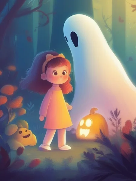 <lora:kids:1> illustration,A little girl make friend with a ghost monster.