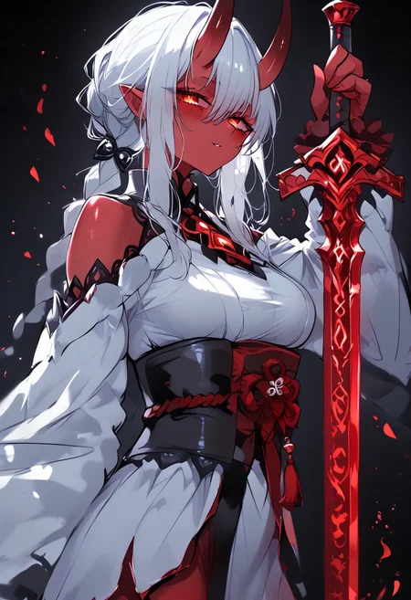 score_9, score_8_up, score_7_up, score_6_up, source_anime,
holding long sword, holding a runesword by the handle point the sword down,
BREAK
(Masterpiece), (expressive eyes), 1girl, 
Aka-Oni, oni, colored skin, (red_skin:1.3), straight horns, kimono,
<lora:MGE_V5.0:1.2> 
BREAK
erotic, ((sexy dynamic pose:1.3)),
18 years old, 
perfect quality, high quality, dynamic angle, dynamic pose, 
random emotion, perfect body, epic, 
BREAK
soft skin, soft skin, shining glossy skin, soft abs, slim waist, side view, 
cinematic, cinematic lighting, reflections, ultra hd, visual effects, graphic effects, ambient occlusion, raytracing, soft lighting, blum effect, 
masterpiece, particles, glow, shining, intricate cinematic background,
smooth style, 
<lora:inkxxmoStyleDark_v10:0.8>, 
hkhorror, 
<lora:HKHorrorPony:0.8>, RuneSwordPony, 
<lora:RuneSwordPony:0.6>,
fehdef, 
<lora:feh-style-richy-v1_pdxl:0.8>,