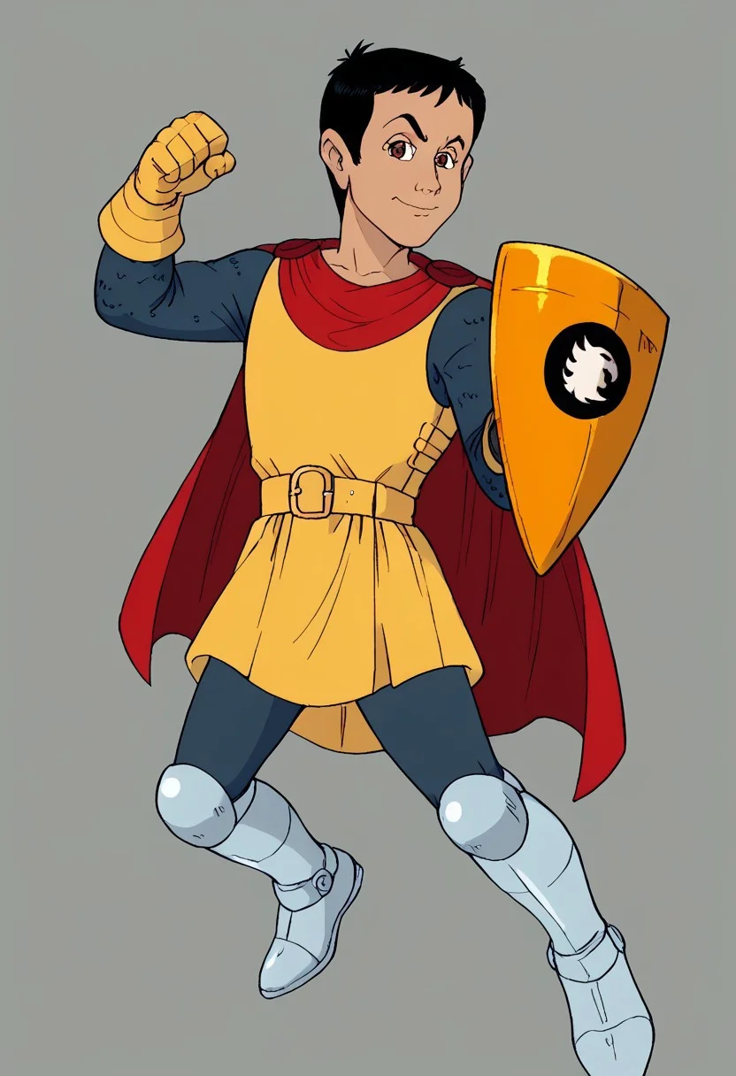 score_9, score_8_up, score_7_up, highly detailed, cute boy, 1boy, solo, ericthecavalier, black hair, Messy hair tuft, short hair, brown eyes, Yellow tunic, red cape, Chainmail Sleeves, blue gray leggings, silver greave, Gold Armor gloves, gold belt, fantasy knight design, griffon shield, Gold shild, black and white emblem, griffon emblem, Shape Triangular, rounded edges, Black circular crest with a white stylized griffon emblem, 1boy, male focus, male, young adult, solo, CuteCartoonStyle, dynamic pose,