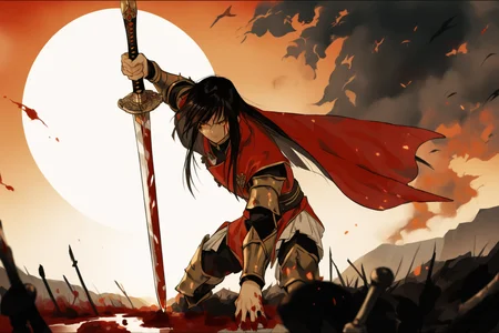 masterpiece,best quality,1girl,knight king,holding a sword,straight hair,long black hair,crossed bangs,golden eyes,glaring,red cloak,full body armor,blood,battlefield,sunset,<lora:huyaXLlokr3f:1>,