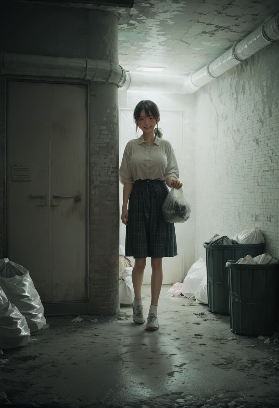 ,ruanyi0984,indoors,trash bag,trash can,<lora:0984 Untitled_v1_pony:0.9>, score_9, score_8_up, score_7_up, score_6_up, score_9, score_8_up, score_7_up, score_6_up source_anime, blush, 1girl, seduce smile, perfect body , natural huge breasts