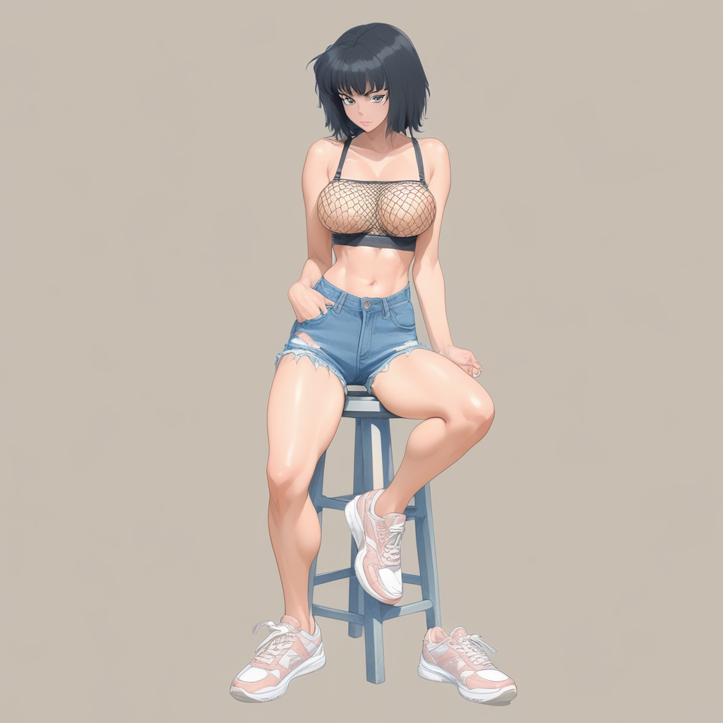 source_anime, 1woman, (Masterpiece), (satoshi urushihara style, illustration), (best quality), absurdres, BREAK, 1 woman has one leg up on a stool, she wears a (fishnet bra), fishnet_bra, denim short_shorts, and sneakers, 1girl, solo focus, tanned skin, perfect body, blush, fishnet top, fishnet bra, revealing, ripped shorts, denim shorts, short_shorts, sneakers, (Simple background)