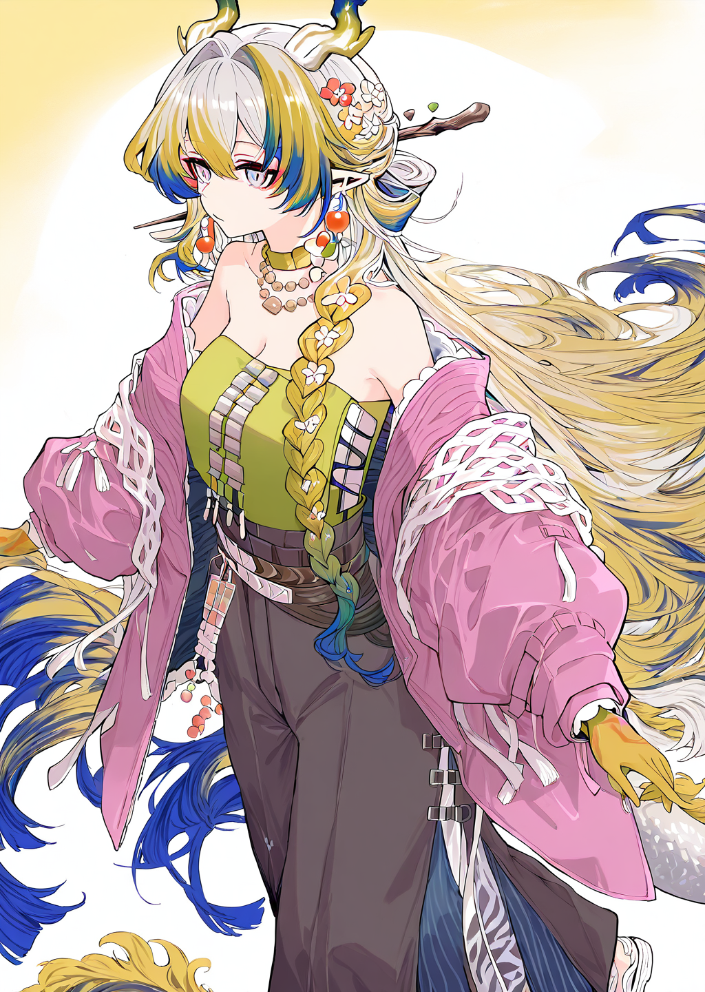 <lora:BebopSensen250208:1>,BebopSensen,<lora:shu_arknights_for_IL:1>,shu_\(spring_feast\)_\(arknights\),dragon horns,multicolored hair,dragon tail,pointy ears,multicolored eyes,streaked hair,side braid,hair stick,green choker,necklace,tassel earrings,hair flower,green tube top,wide pants,pink jacket,off shoulder,sandals,<lora:NOOB_vp1_detailer_by_volnovik_v1:1>,<lora:noobai_ep11_stabilizer_v0.138_fp16:1>,