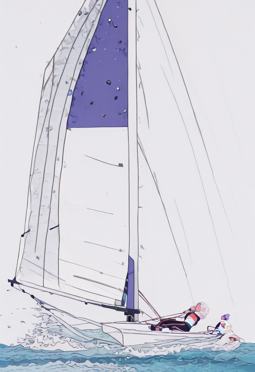 Absurdres, best quality, masterpiece, extremely aesthetic,
Dramatic cinematic scene,
 sailing a dinghy, sport sailing, sailing dinghy, gp14, (on a boat, sitting on the side of a boat, pulling ropes):1.9, sailor girl, sailing crew, 
(Sailing Dinghy, rudder, main sail, jib, mast, haliard, ropes, regatta, sport):1.5,
in heavy wind, dinghy race, fingerless gloves, leaning out, keeling, splashing water, waves,
Nylon, spandex, dear Lord, what's next?
Polyester, pin stripe, wet my appetite
Polka dots, see through, put me in a good mood
A-cup, D-cup,
Long hair, curly hair, fine curls, tiny torso, narrow shoulders, wide hips, tiny limbs, short limbs, 
Detailed background,
seductive, playful,
 dramatic angle, 
Heavily stylized vector illustration, fun, close-up, out of frame, stylish, exaggerated body proportions, huge head, head same size as body,
BaseB0b, minimalist vector illustration, Flatline, Flat vector illustration, sai1ing, over side,