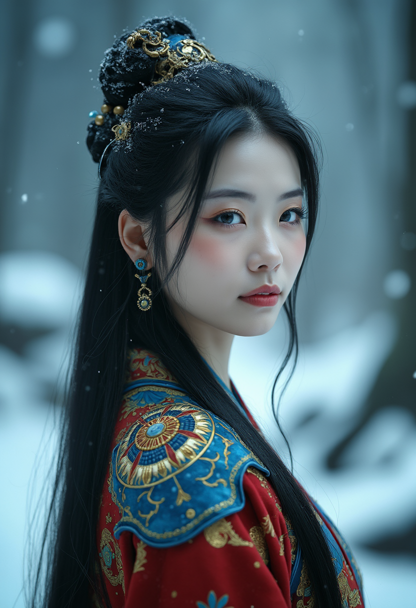breathtaking cinematic film still A realistic, high-definition image of a young 26yo beautiful Chinese woman with pale skin and long dark hair, blue mystical make up, striking white eyes with ,  pale blue lips. She wears an ornate, traditional garment in red gold and blue with dragon-like designs on the shoulders. Set against a blurred snowy landscape with dark rocks and trees creating a serene mystical atmosphere. The style focuses on realistic textures, intricate details, and ethereal beauty, evoking a contemplative, mystical mood.
highly detailed background
<lora:ImageUpgraderV2:0.6>  . shallow depth of field, vignette, highly detailed, high budget, bokeh, cinemascope, moody, epic, gorgeous, film grain, grainy . award-winning, professional, highly detailed