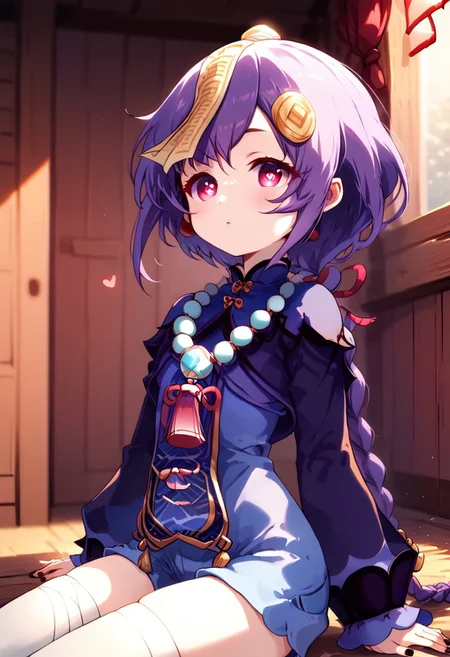1girl,
gen-qiqi, red purple_eyes, bangs, lightpurple hair, braided ponytail, black nails, flat cheast, hair_ornament, ofuda qing_guanmao, jiangshi, dark purple hat, necklace, dress, long_sleeves, white shorts, white_legwear bandaged_leg, thighhighs
skinny, petite, (youthful looking:1.6), (tiny body), extra petite, very small body, extra short, cute, heart eyes, tiny breasts
BREAK
sitting, facing viewer, legs, expressive, detailed lighting, cabin, closeup