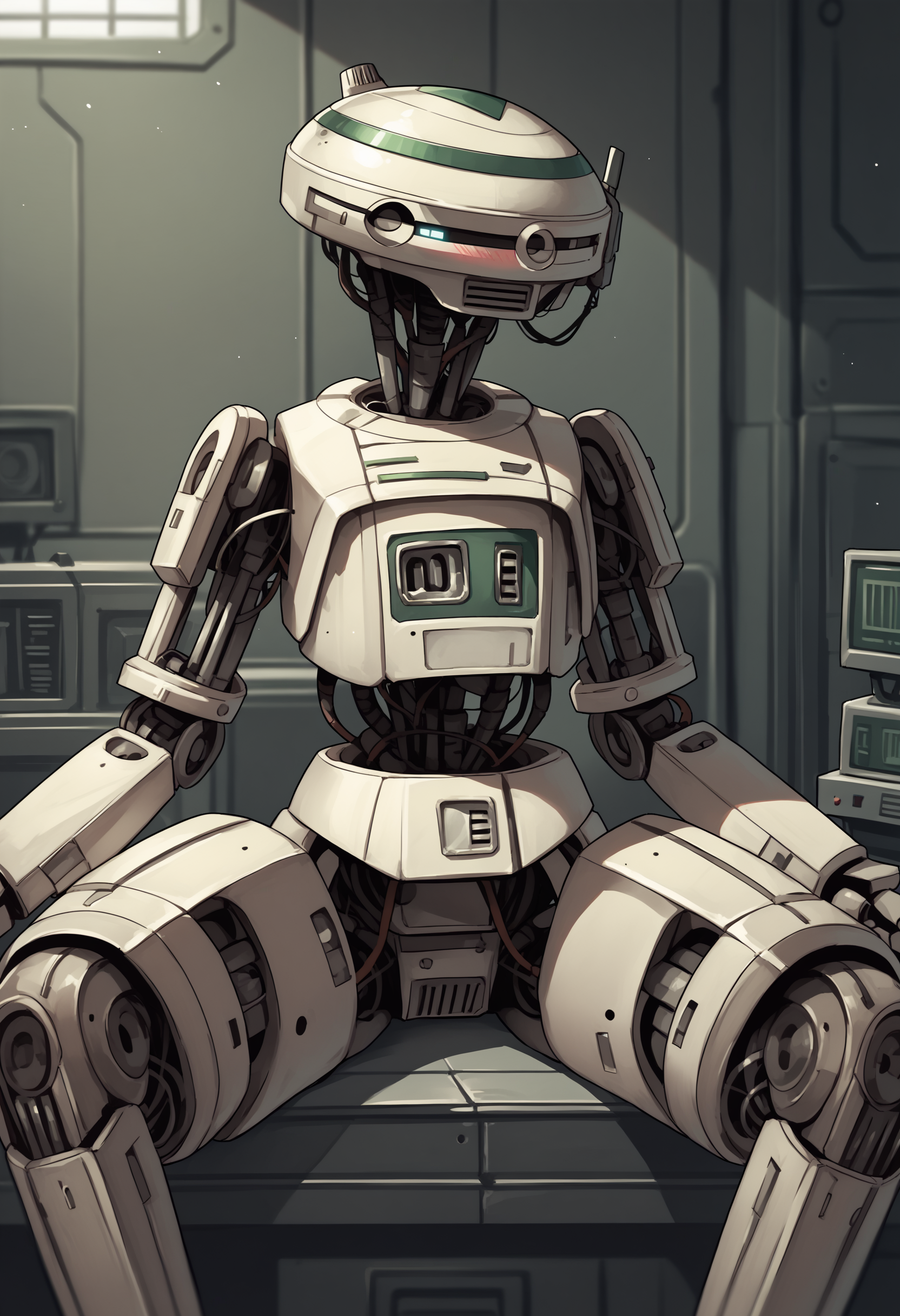 score_9, score_8_up, score_7_up, score_6_up, score_5_up, score_4_up, 1girl, <lora:L337:0.8> solo, no humans, robot, humanoid robot, helmet, sitting, spread legs, blush,
factory background,